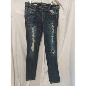 Decree Women's Juniors Super Skinny Distressed Low Rise Denim Blue Jeans-Size 7